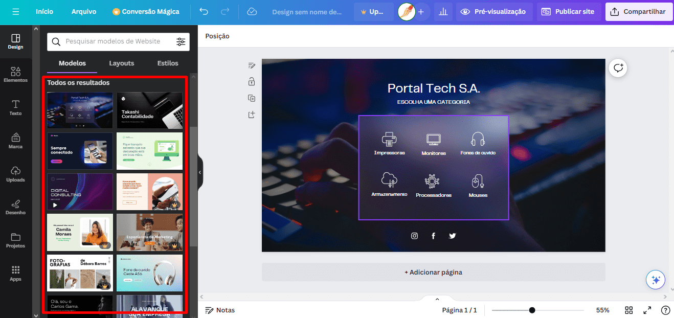 Passo 6: Em 'Design', escolha modelos prontos com apenas um clique.