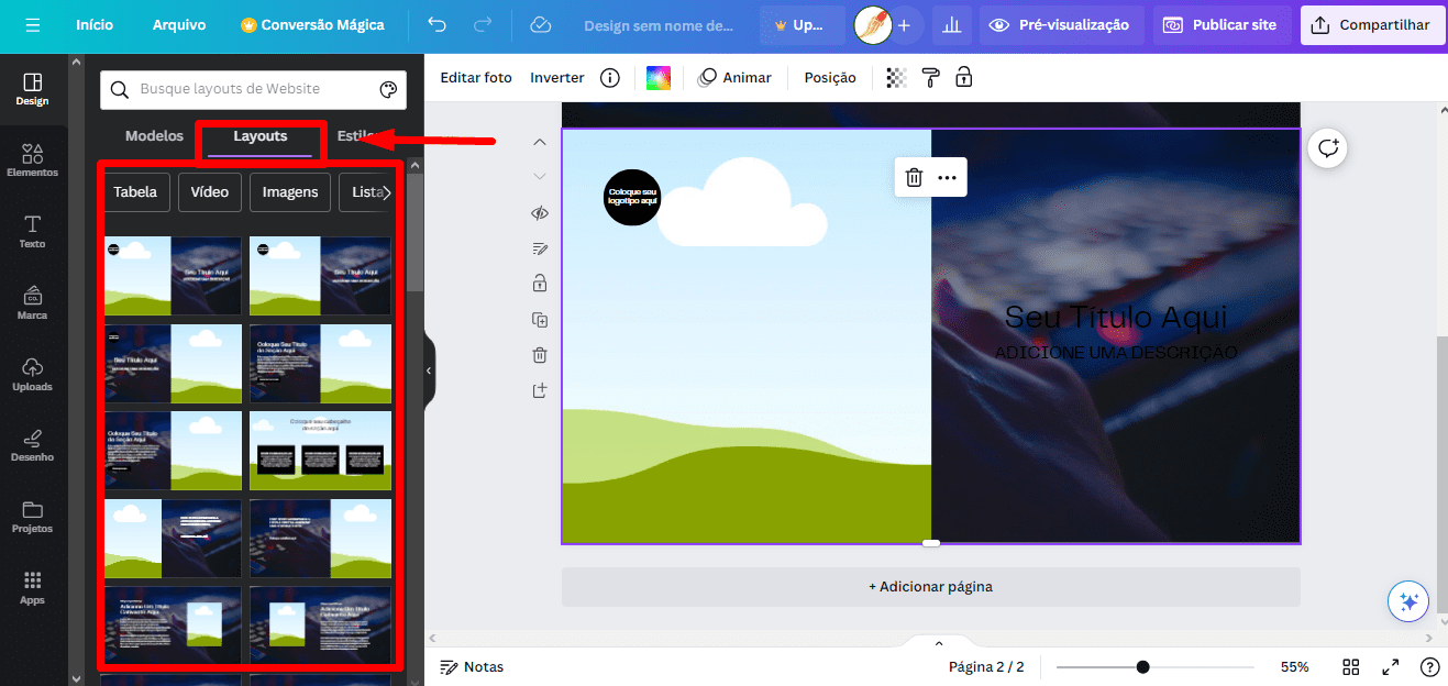 Passo 7: Acesse 'Layouts' para opções adicionais de designs prontos.
